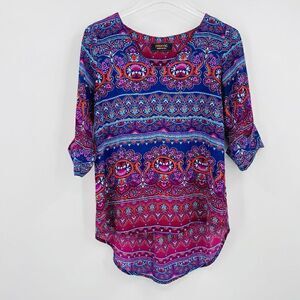 Renee C Size Small Blue & Pink Boho Print V Neck Hi Low 3/4 Sleeve Blouse Top